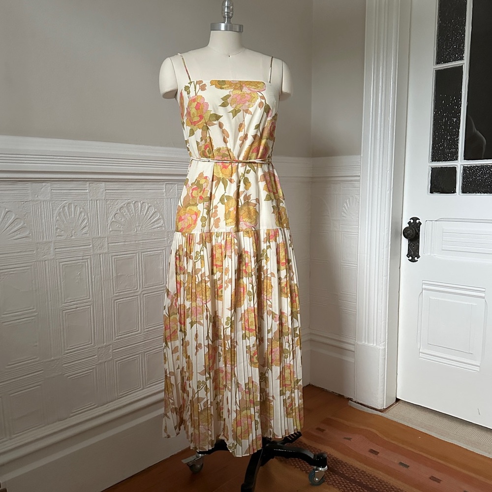 Rebecca Taylor Strappy Drop Waist Floral Print Midi Dress, Pleating, New w/ Tags